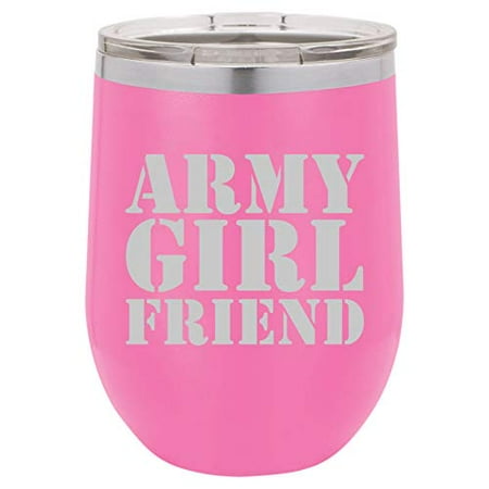 

12 oz Double Wall Vacuum Insulated Stainless Steel Stemless Wine Tumbler Glass Coffee Travel Mug With Lid Army Girlfriend (Hot-Pink)