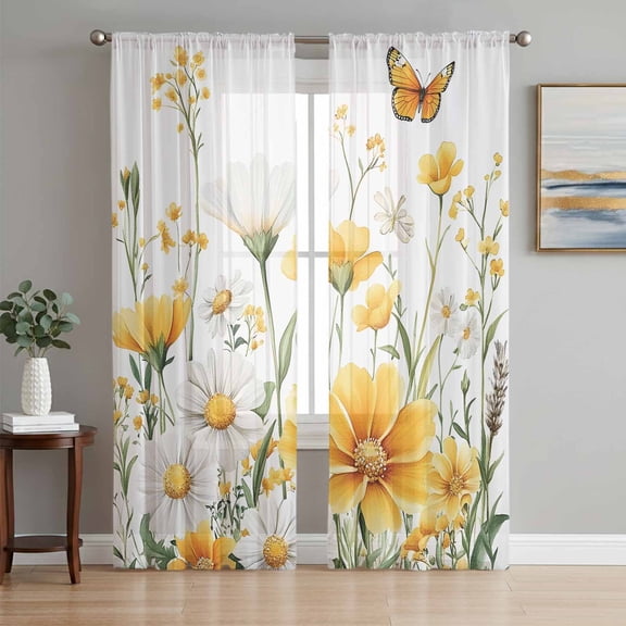 Yellow Spring Floral Sheer Curtains 63 Inch Length 2 Panels Set, Summer Daisy Pastoral Botanical Voile Window Treatment Rod Pocket Curtains Sheers Drapes for Bedroom/Living Room/Kitchen 52x"63"x2