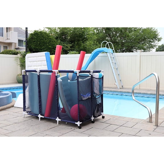 Essentially Yours Pool Organizer Storage Bin - Holds Pool Floats Toys Balls and Equipment, Blue