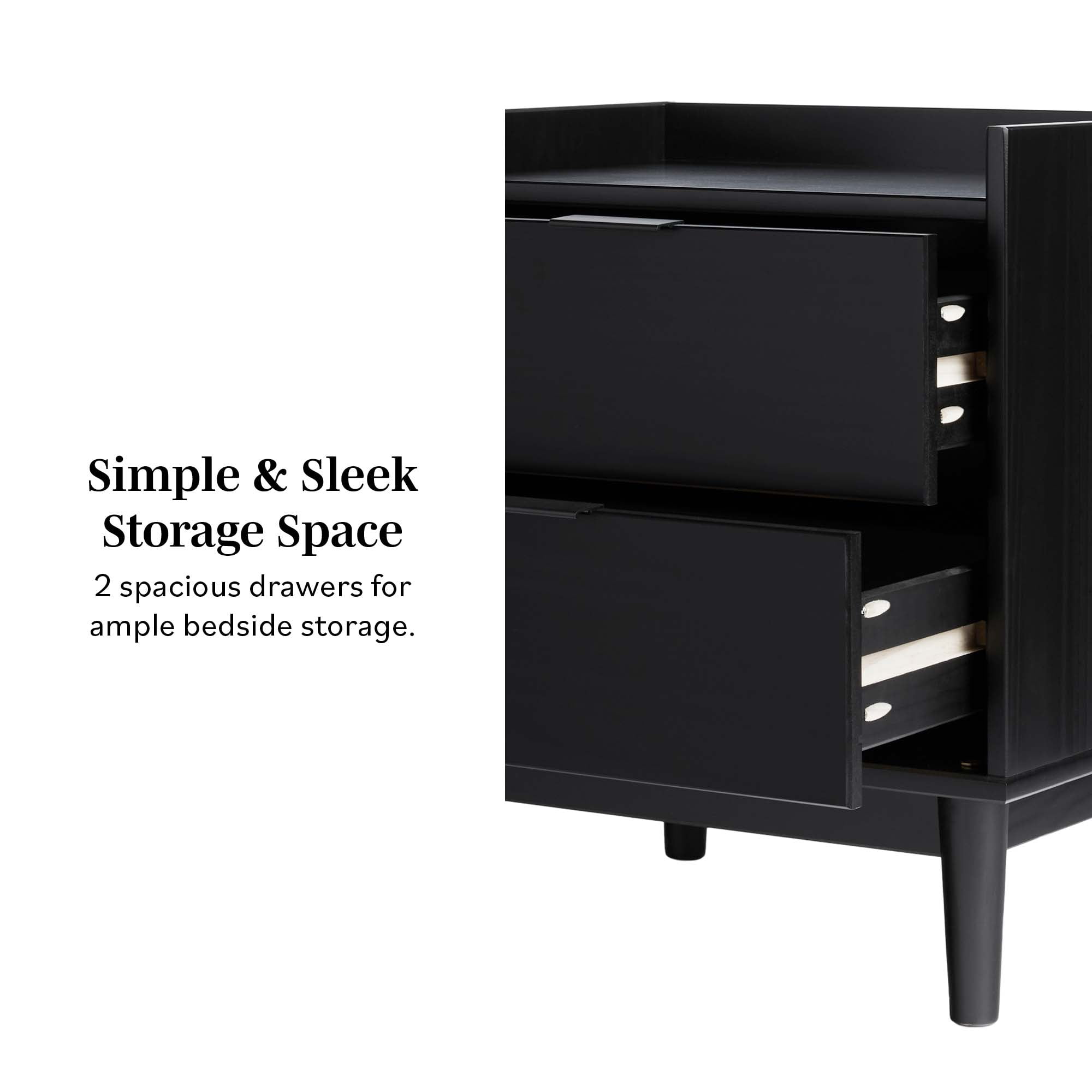 Walker Edison Mid-Century Modern Gallery-Top 2-Drawer Nightstand, 2 Pack, Black