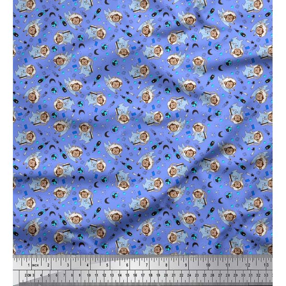 Soimoi Poly Georgette Fabric Star,Planet & Astronaut Monkey Kids Print Fabric by The Yard 52 Inch Wide