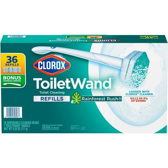 Clorox ToiletWand Disposable Cleaning System with Bonus Handle, Rainforest Rush, 36 Pad Refills