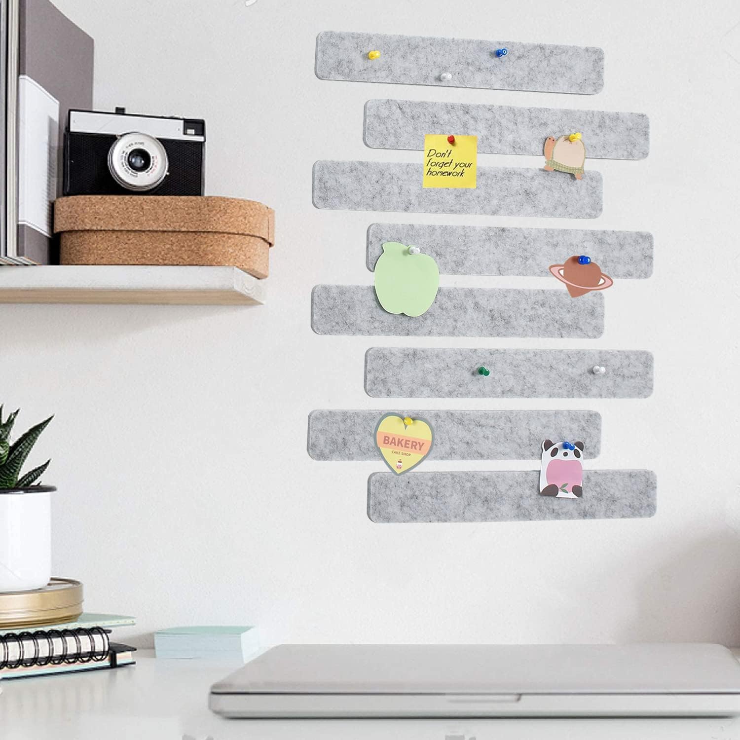 8Pcs Light Grey Cork Board Bar Strips with 50 Pushpins & Sticky Notes, Self-Adhesive Bulletin Board Strips No Damage for Wall, Felt Pin Board for Paste Notes, Photos, Schedules Office Decor