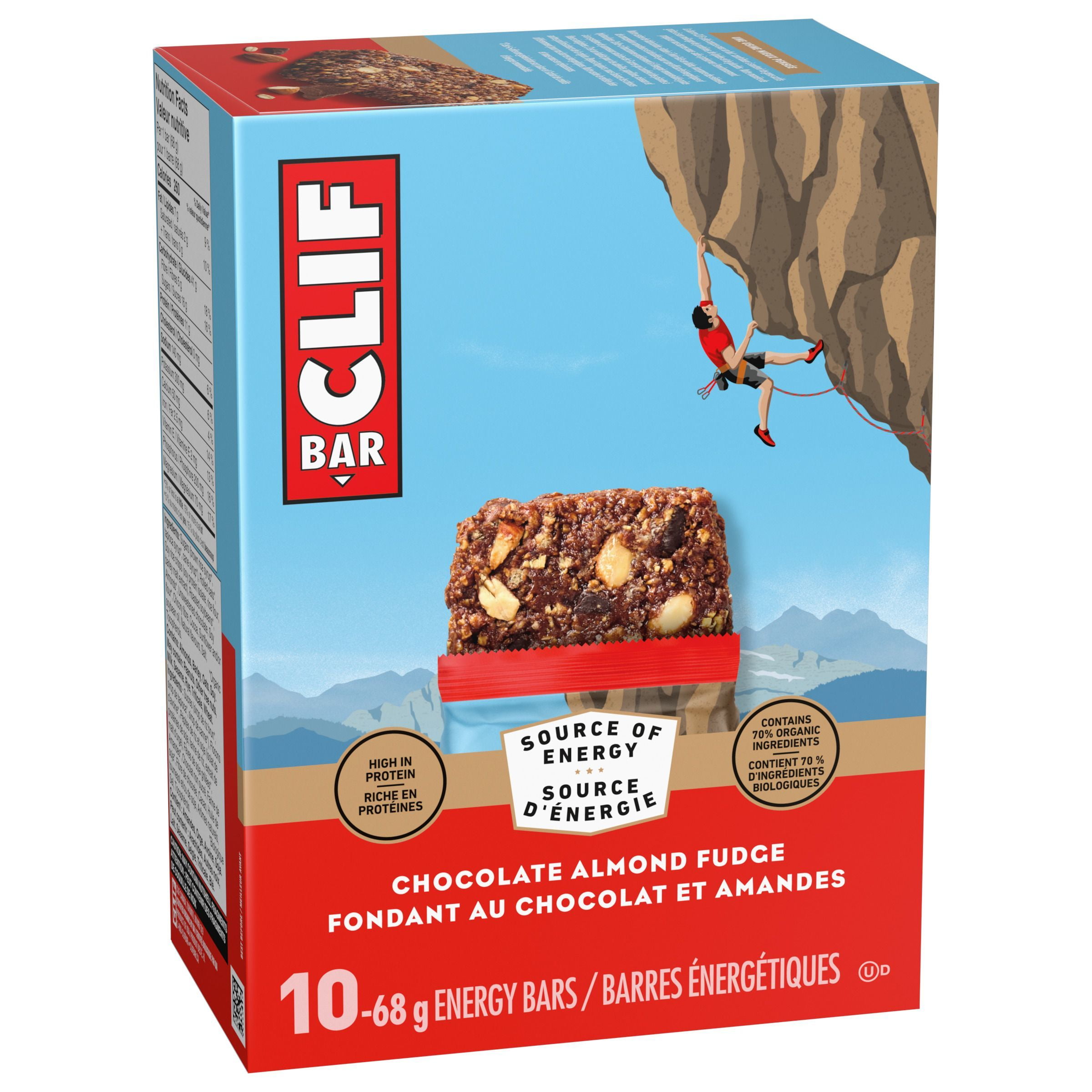 CLIF BAR Energy Bars, Chocolate Almond Fudge, Granola Bar, High in Protein, Contains 70% Organic Ingredients, (Pack of 10), 680 g