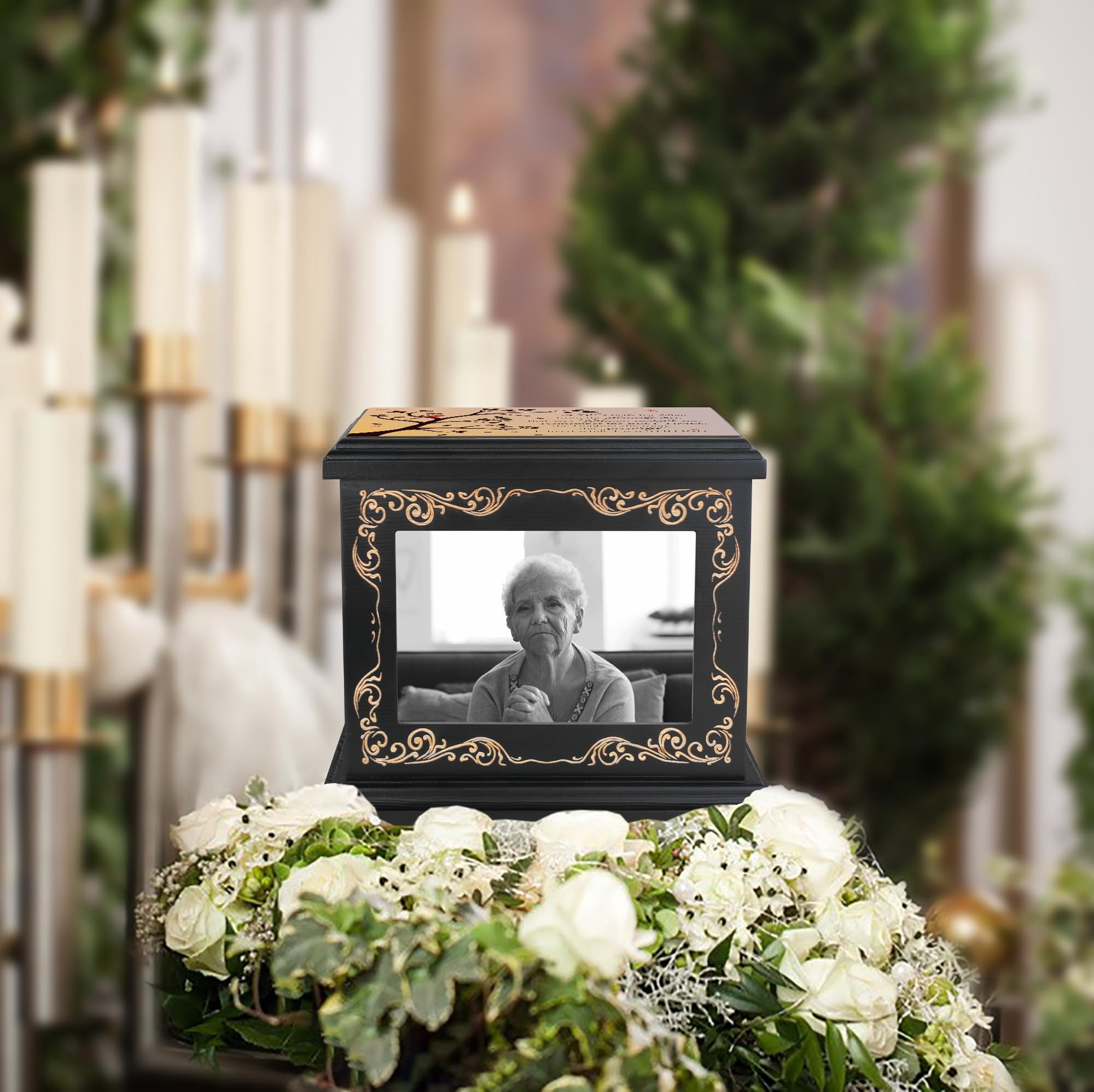 Funeral Urn for Human Ashes, Personalized Wooden Cremation Urn with Photo Frame, Large Capacity 200 Cubic Inches, Memorial Urn for Adults, Black