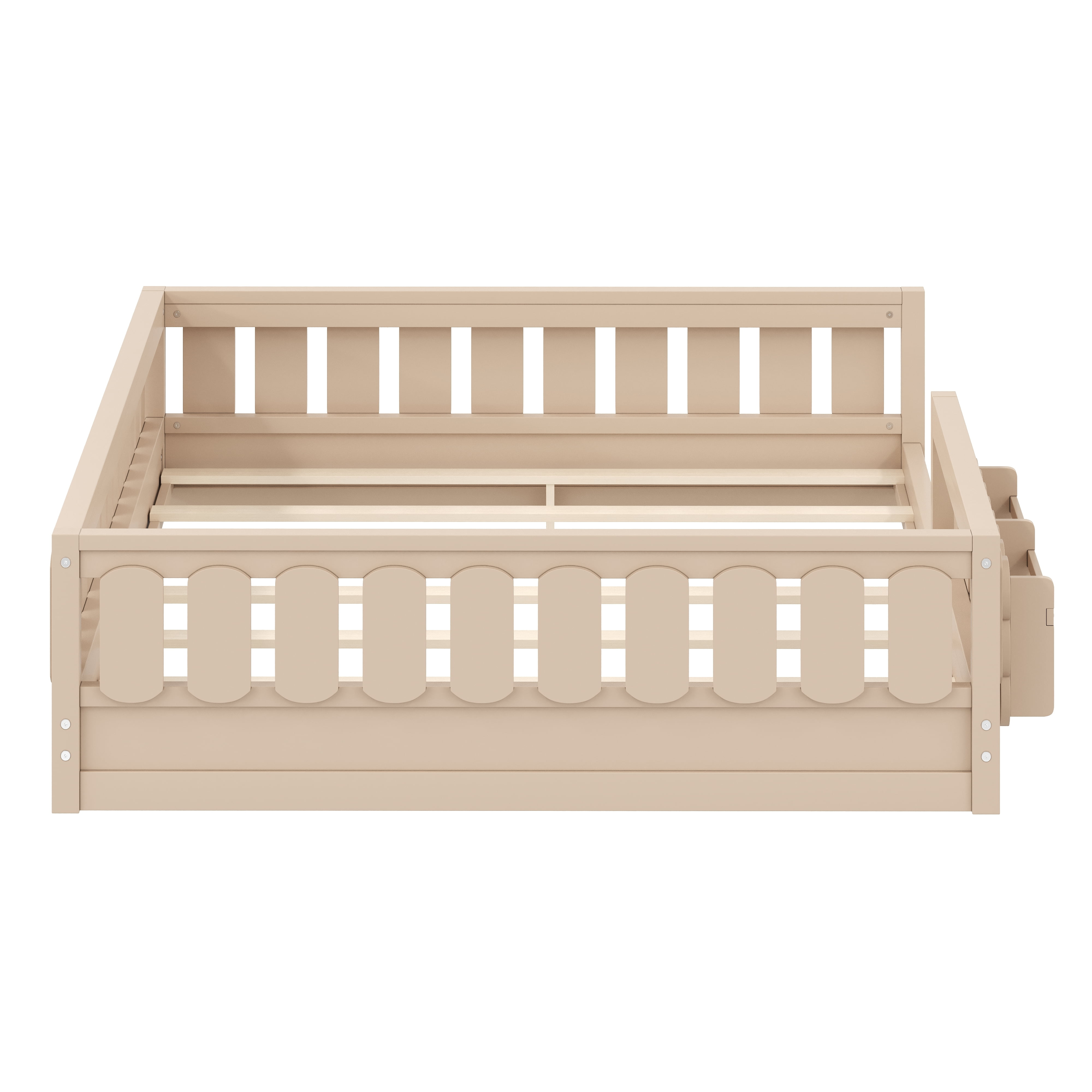 Euroco Wood Full Size Platform Bed with Shelves, Floor Bed with Guardrails, Natural