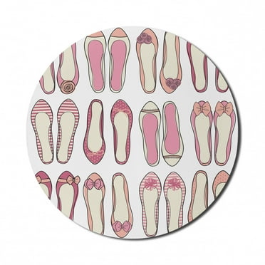 Retro Mouse Pad for Computers, Ballerina Shoes with Ribbon Roses Stripes and Polkadots Feminine Kids Design, Round Non-Slip Thick Rubber Modern Gaming Mousepad, 8" Round, Beige Pink, by Ambesonne