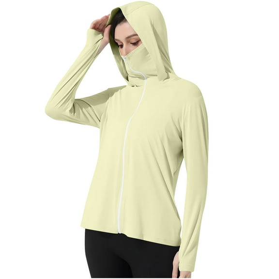 Women's UPF 50  Ice Silk Sun Hoodie Long Sleeve Lightweight Fishing Shirt with Thumb Holes & Attached Mask, Cooling Hooded Jacket for Outdoor Activities