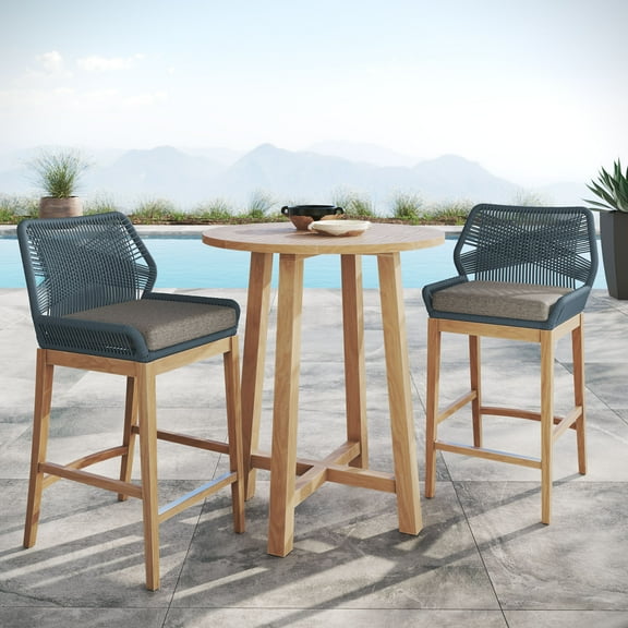 Modway Wellspring 3-Piece Outdoor Patio Teak Wood Bar Set in Blue Graphite
