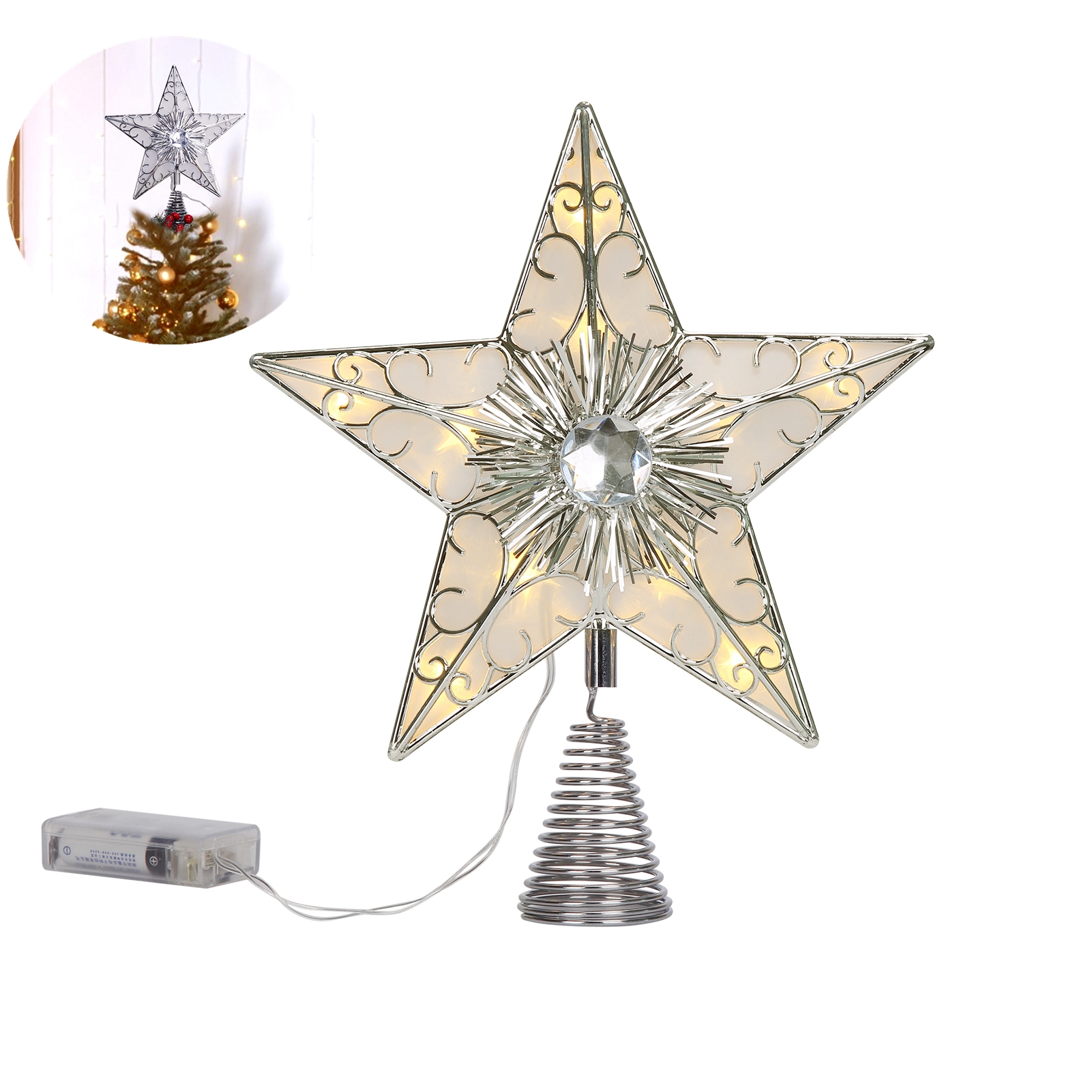 Sakiyr 9" LED Lighted Star Christmas Tree Topper, Treetop Star for Xmas Tree Ornament, Silver