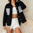 thumbnail image 3 of KOMOO Women Sequin Denim Jacket with Pockets Long Sleeve Lapel Loose Button Shirt Blouse Tassels Denim Coat Jackets, 3 of 9