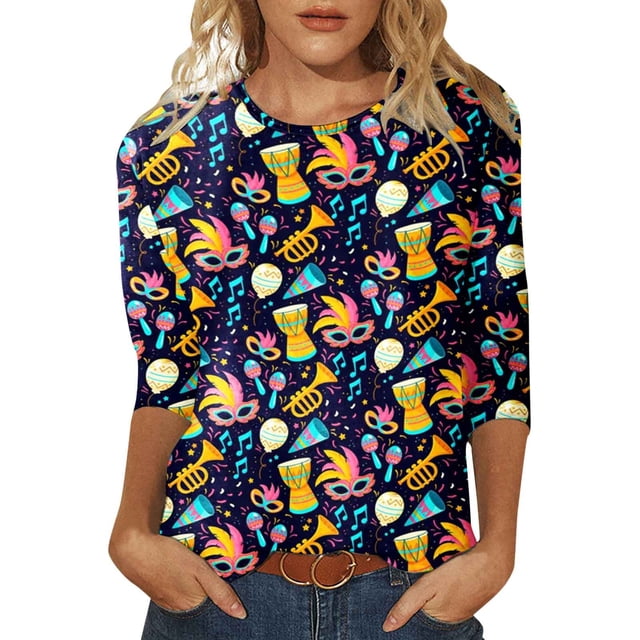 PMUYBHF T-Shirt Mode Carnaval Imprimé Numérique Décontracté Manches Trois-Quarts Col Rond Femme 7184 L