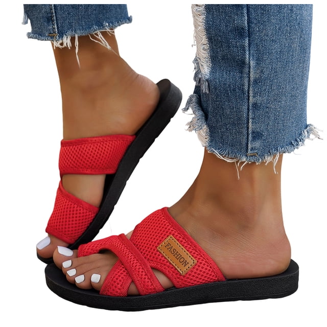 Women's Mesh Toe Ring Platform Sandals Breathable Non Slip Walking Flip Flops Lightweight Beach Slide Red Size 7