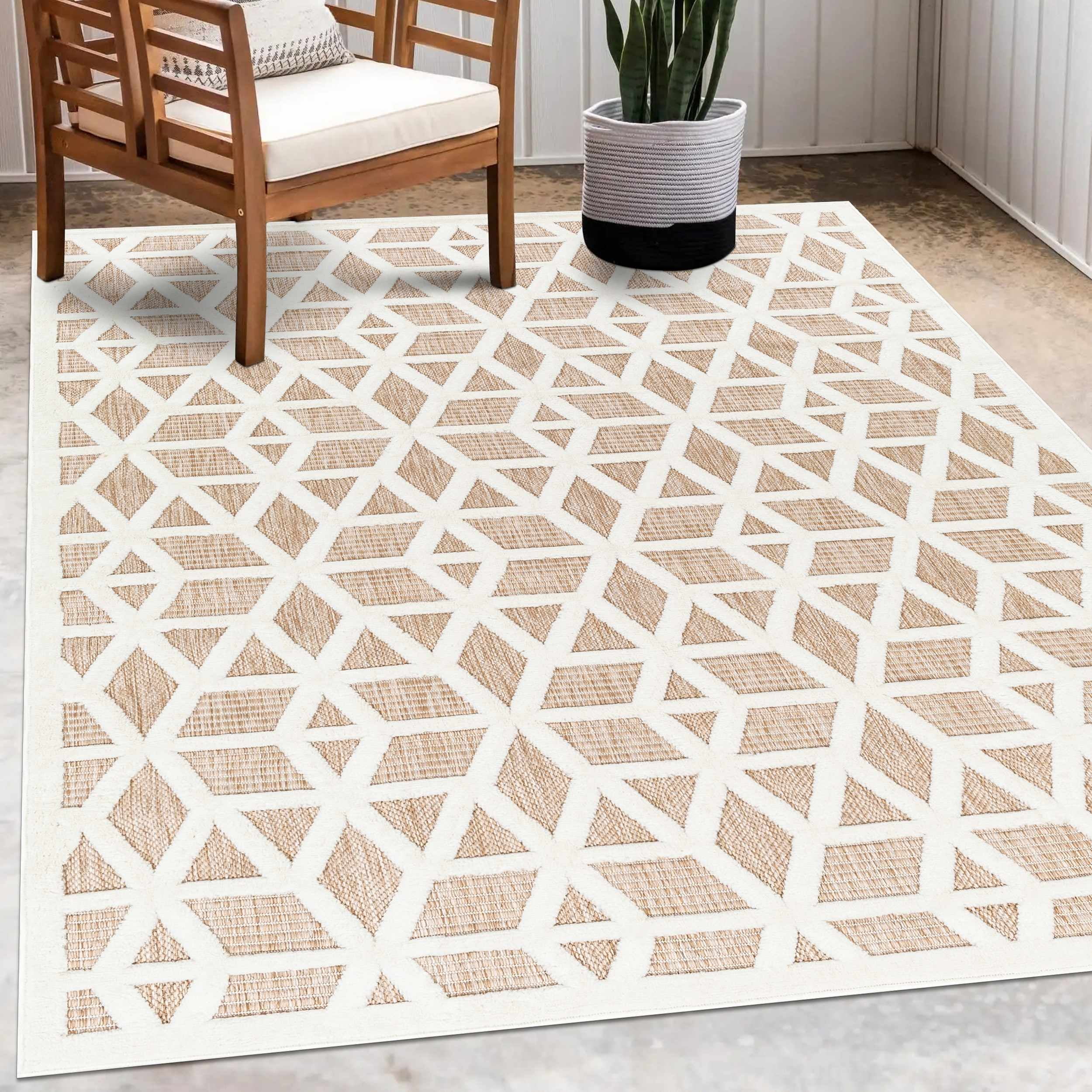 Hauteloom Nuri Outdoor Area Rug - Outside Porch Patio Rug Carpet - Waterproof Rug - Moroccan Farmhouse High Low - Brown, Cream, Beige - 6'7" x 9'