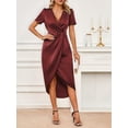 thumbnail image 4 of Satin short-sleeved wrap-style cross-neck dress, long and irregular design., 4 of 5