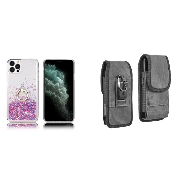Waterfall Liquid Glitter Stand Case and Belt Holster Pouch for iPhone 14 Pro Max - Pink Purple