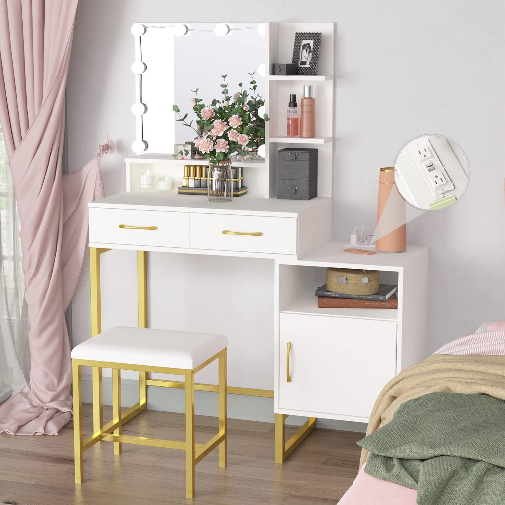 VEANERWOOD Modern Vanity Table Set with 10 Lights Makeup with Cushioned