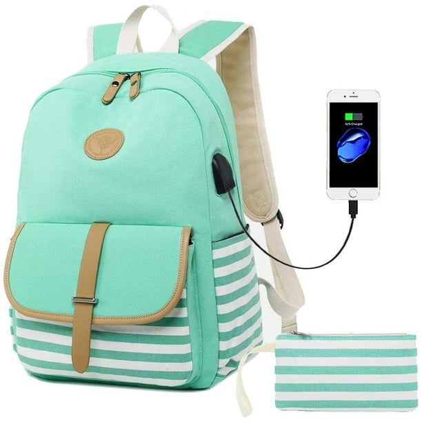 Canvas Backpack for Teen Girls, Lightweight Cute Striped School Bookbag  with USB Charging Port&Pencil Case, Charging Backpack Set for Women College  