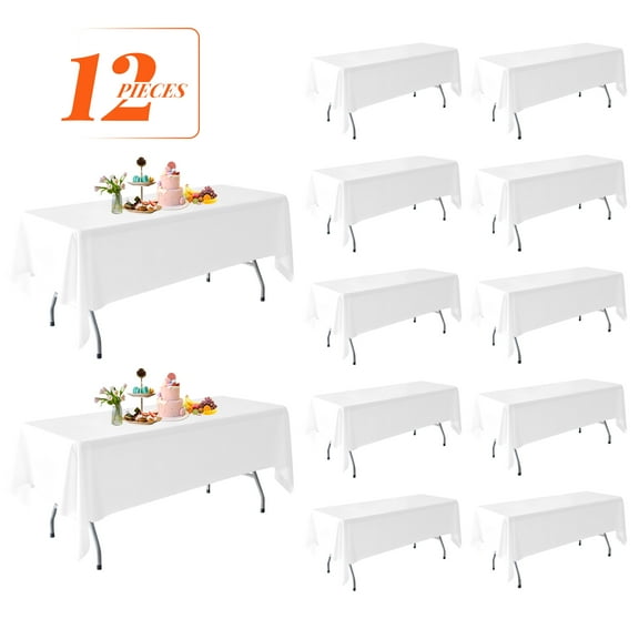 KUOGO 12 Pack White Tablecloth 60 x 126 Inch Polyester Table Cloth for 8 Foot Rectangle Tables, Wrinkle Resistant Washable Decorative Fabric Table Covers for Wedding Party Banquet Buffet and Camping