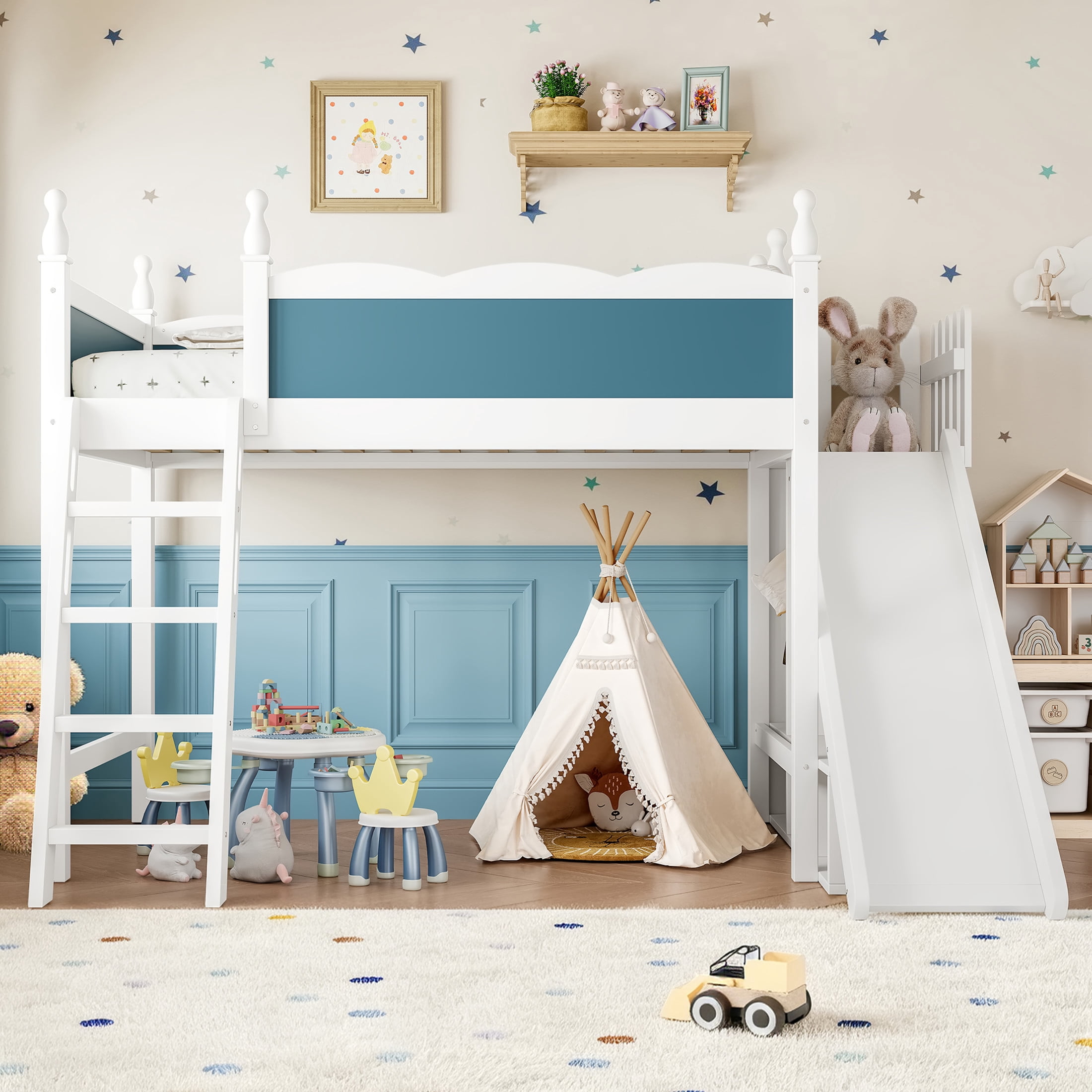 Noble House Twin Loft Bed with Storage Shelves, Detachable Slide and Ladder, White + Blue