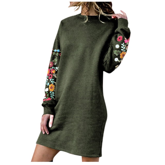 Pisexur Robe Midi d'Automne Brodée pour Femme, Décontractée, en Molleton, Longue, Chandail à Enfiler, Robe Chandail à Manches Longues, Mini, avec Poches