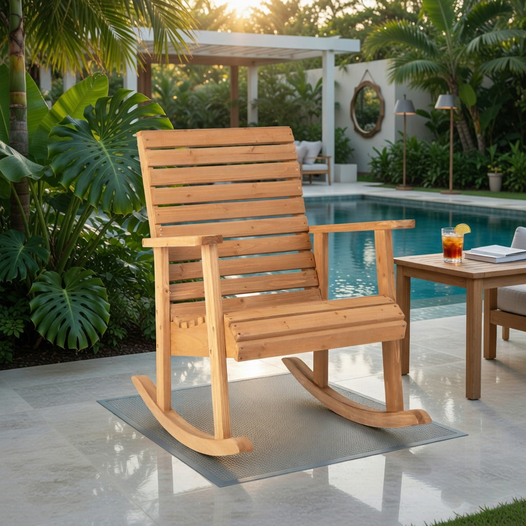 Hommoo Fir Wood Outdoor Rocking Chair with High Backrest, for Porch & Patio Seating, Brown