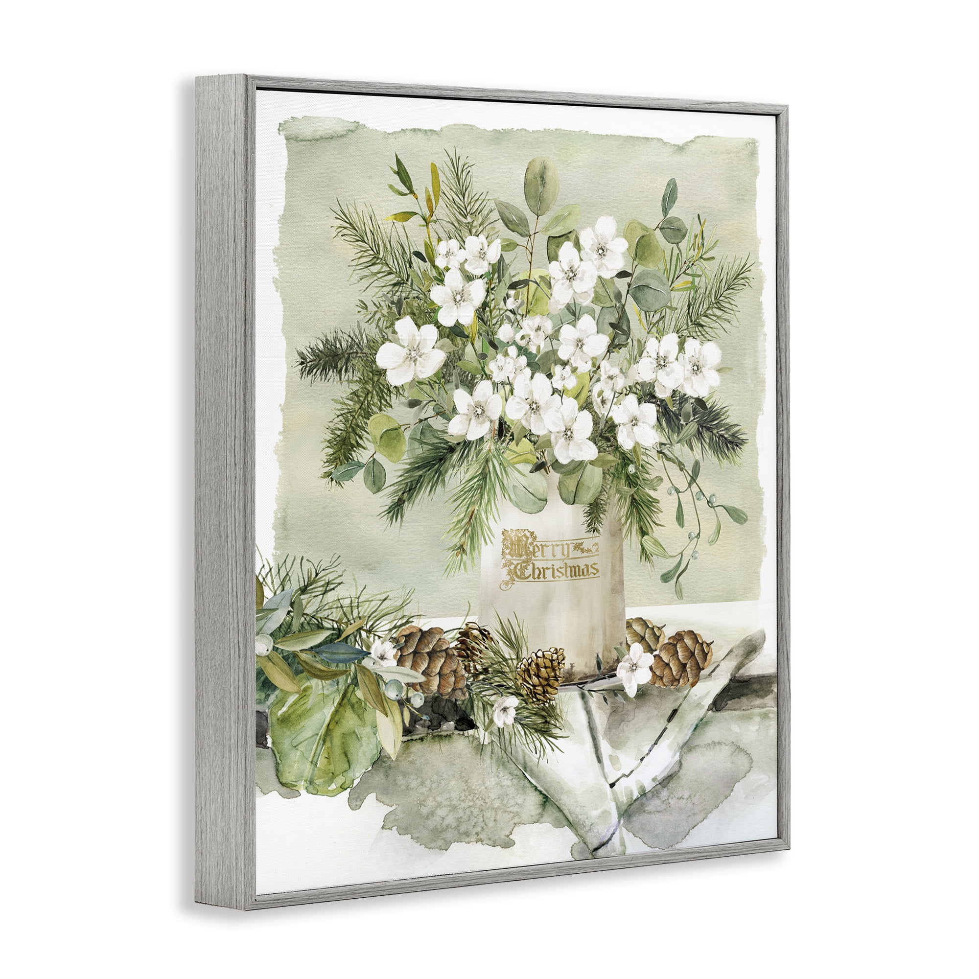 Stupell Industries White Christmas Flowers Vase Holiday Painting Gray Framed Art Prints Wall Art, 16 x 20