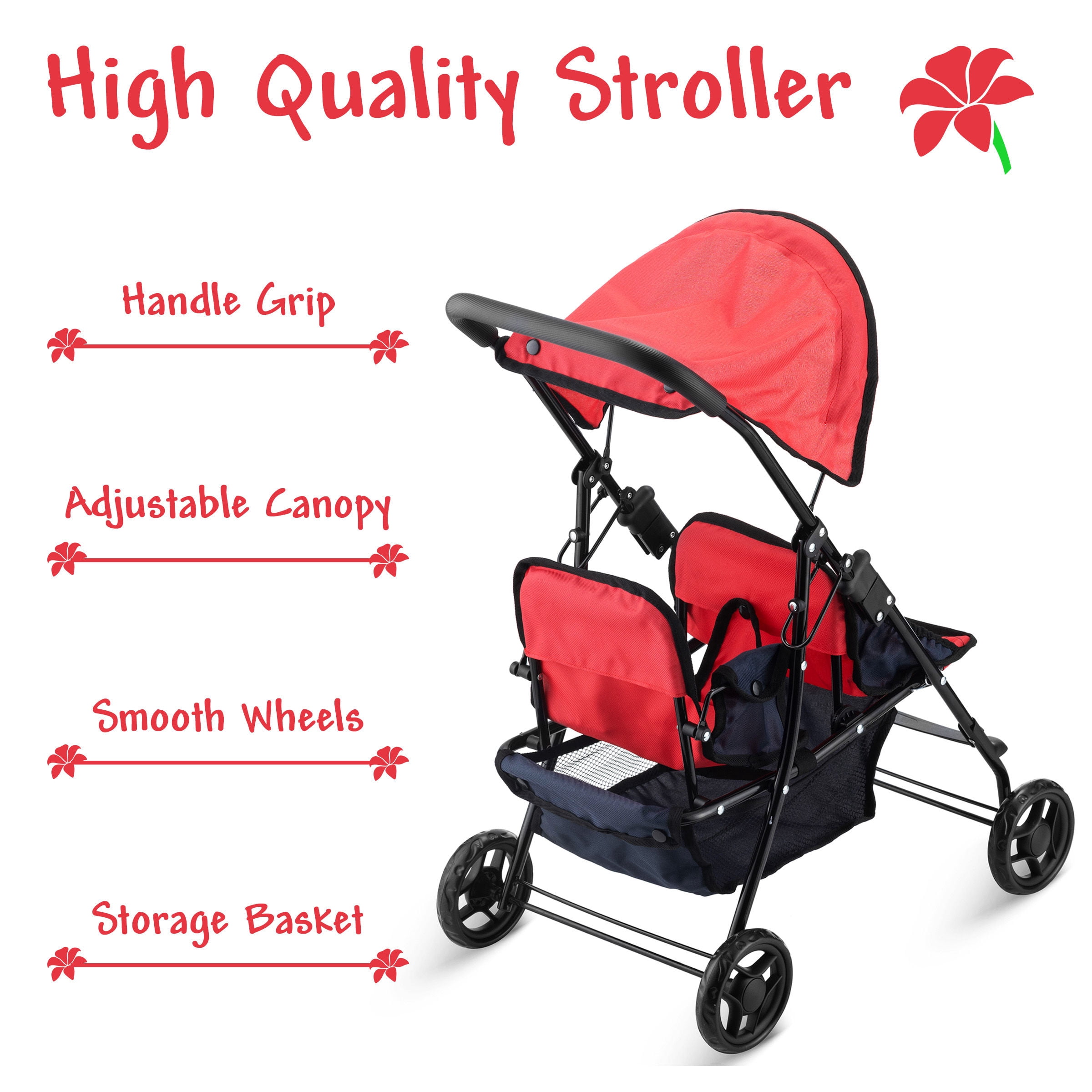 HUSHLILY - Tandem Double Doll Stroller with Adjustable Canopy & Basket, Foldable, with Smooth Rolling Wheels (Red & Blue)