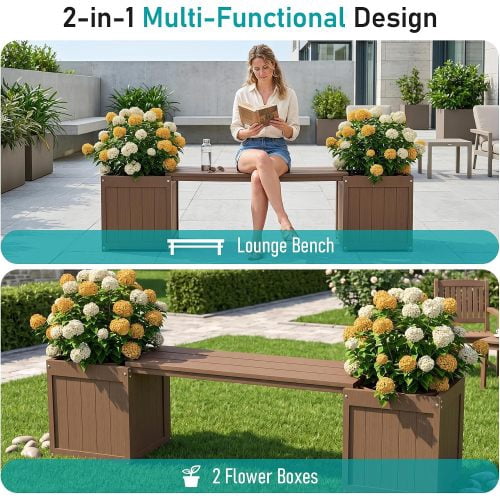 HDPE 2-in-1 Outdoor Bench with Flower Boxes, Open-Bottom Planter, Garden Patio Seating, 71 in W, Brown