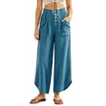thumbnail image 3 of Oksale Boho Pants for Women Petite Pull On Cozy Cotton Pants with Pockets Elastic High Waist Summer Casual Pants Loose Wide Leg Trousers Blue M, 3 of 7