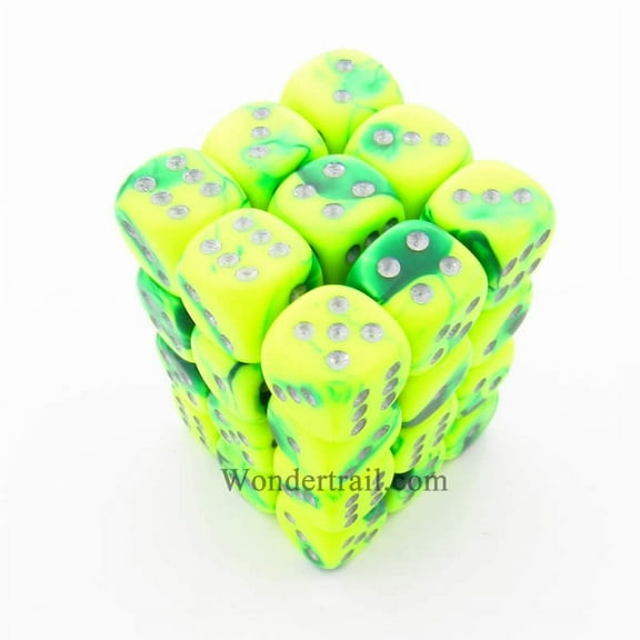 Green and Yellow Gemini Dice with Silver Pips D6 12mm (1/2in) Pack of 36 Chessex