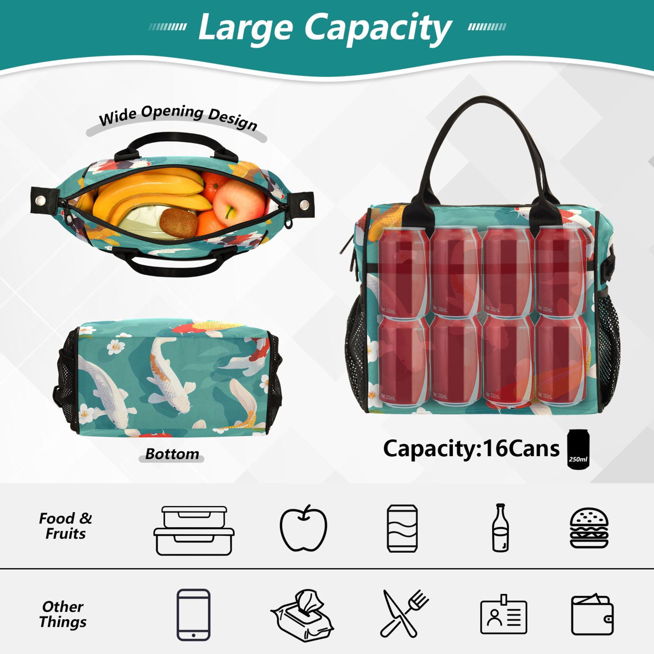 Lunch Bag Insulated Lunch Box Leakproof Reusable Cooler Tote Adjustable Shoulder Strap for Men Women Cartoon Fish and White Flower 9L
