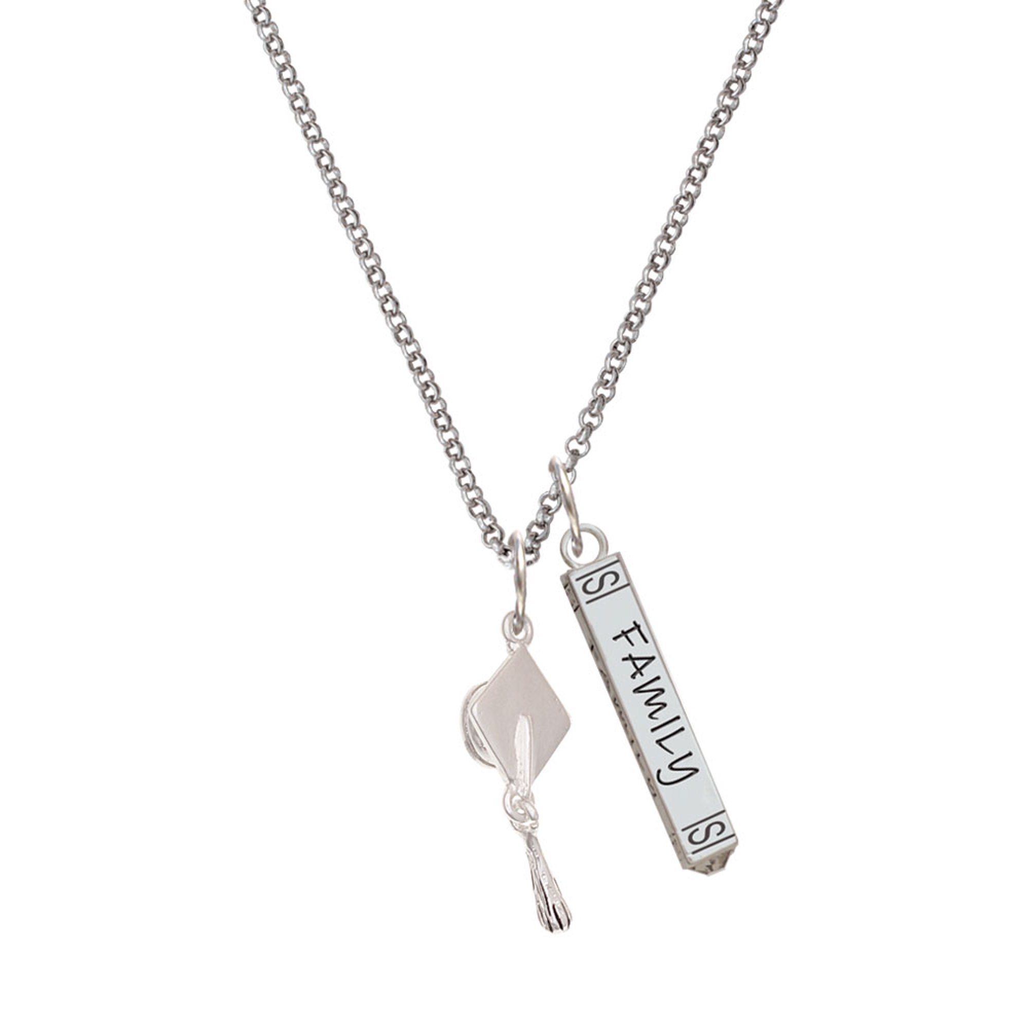 Delight Jewelry Silvertone 3-D Graduation Hat Silvertone Family Bar Charm Necklace, 23"