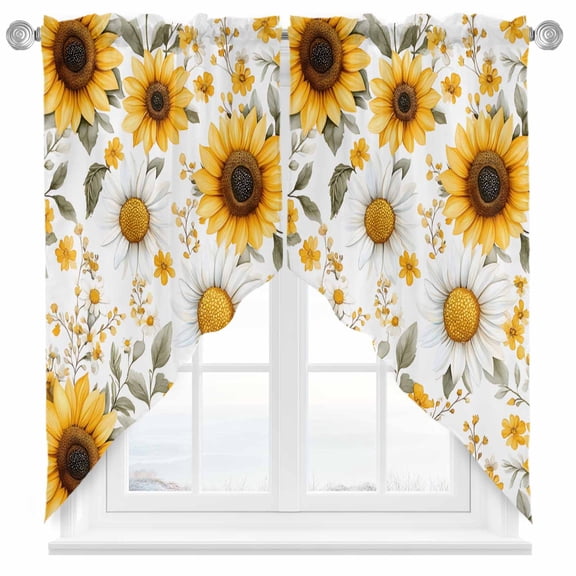 Vintage Watercolor Swag Valances for Windows 2 Pack Sunflowers Yellow Green Leaf Country Swag Kitchen Curtains 36 Inches Long Rod Pocket Short Window Treatment for Kitchen Bathroom 28"x36"