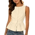 thumbnail image 5 of HomeDM Tank Tops for Women Crew Neck Button Down Peplum Tops Summer Cotton Linen Sleeveless Casual Flared Hem T-Shirts Beige Size L, 5 of 7