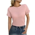 thumbnail image 1 of Camiseta de Cuello Redondo de Color Sólido Casual de la Mujer, Encaje Patchwork Manga Corta Superior para el Uso Diario, 1 of 9