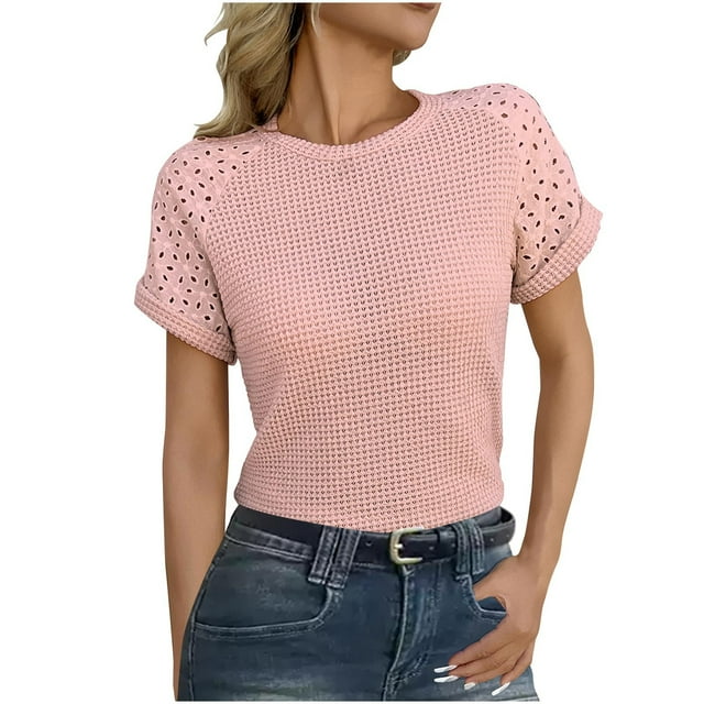 Camiseta de Cuello Redondo de Color Sólido Casual de la Mujer, Encaje Patchwork Manga Corta Superior para el Uso Diario