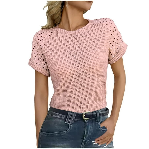Besolor Women's Knit Tops Crewneck Lace Hollow out Short Sleeve Summer T-Shirts Casual Going out Dressy Blouse