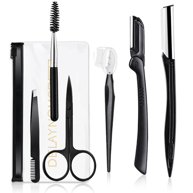Kit de afeitadora para cejas Juego profesional de cuidado de cejas 6 en 1 para mujeres y hombres, que incluye 3 afeitadoras para cejas, recortadora, 1 pinza, 1 tijera, 1 rodillo de pestañas, 1 bolsa d