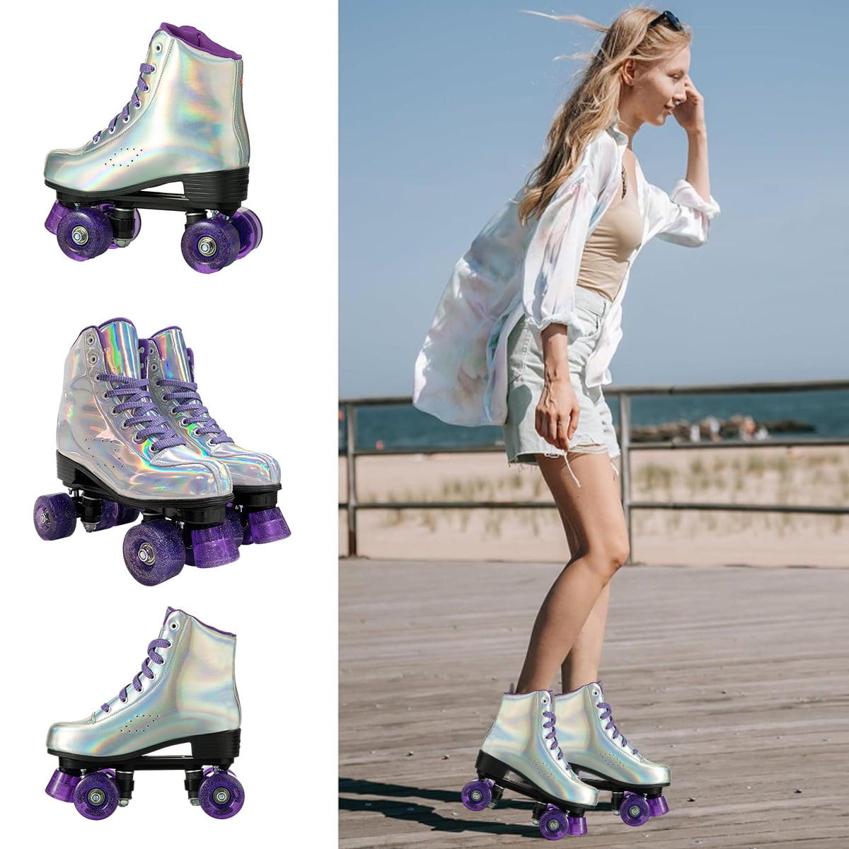 EONROACOO Sliver Roller Skates for Women Girls Light up 4 Wheels Skates,Adult(Women 7/Men 5.5)