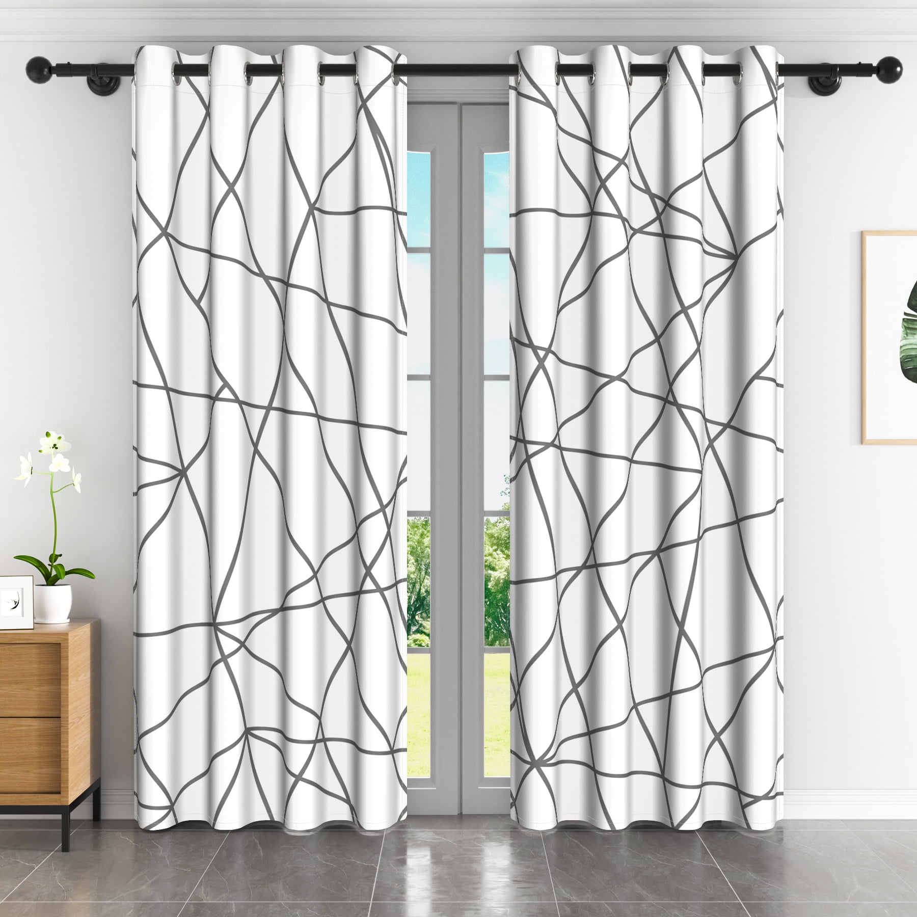 Lfeey White Blackout Curtains, Geometric Silver Line Top Grommet Curtains, White, 42x72 inches, 2 panels