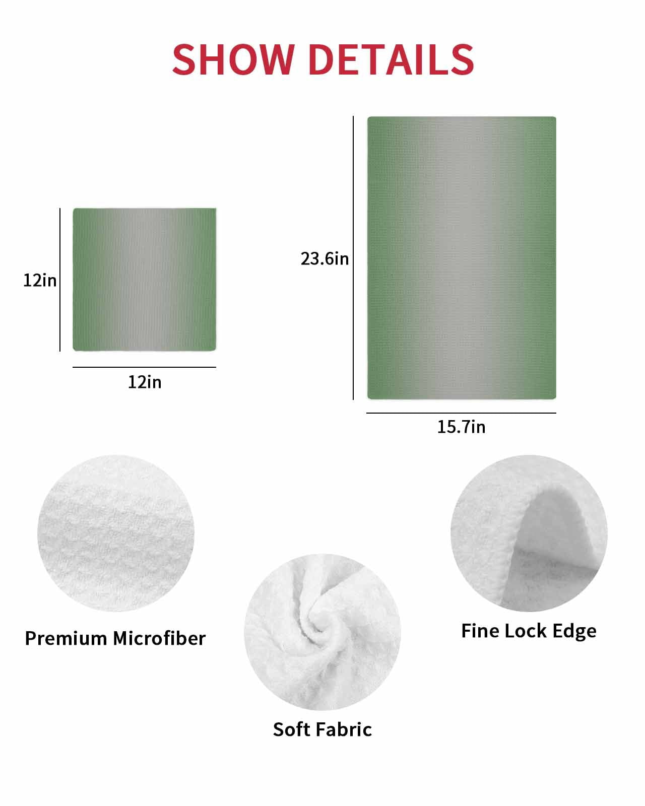 Green Grey Ombre Kitchen Dish Towels for Drying Dishes Set of 2, Modern Gradient Abstract Art Waffle Weave Microfiber Hand Tea Bathroom Towels Quick Dry & Absorbent Towel 12x12