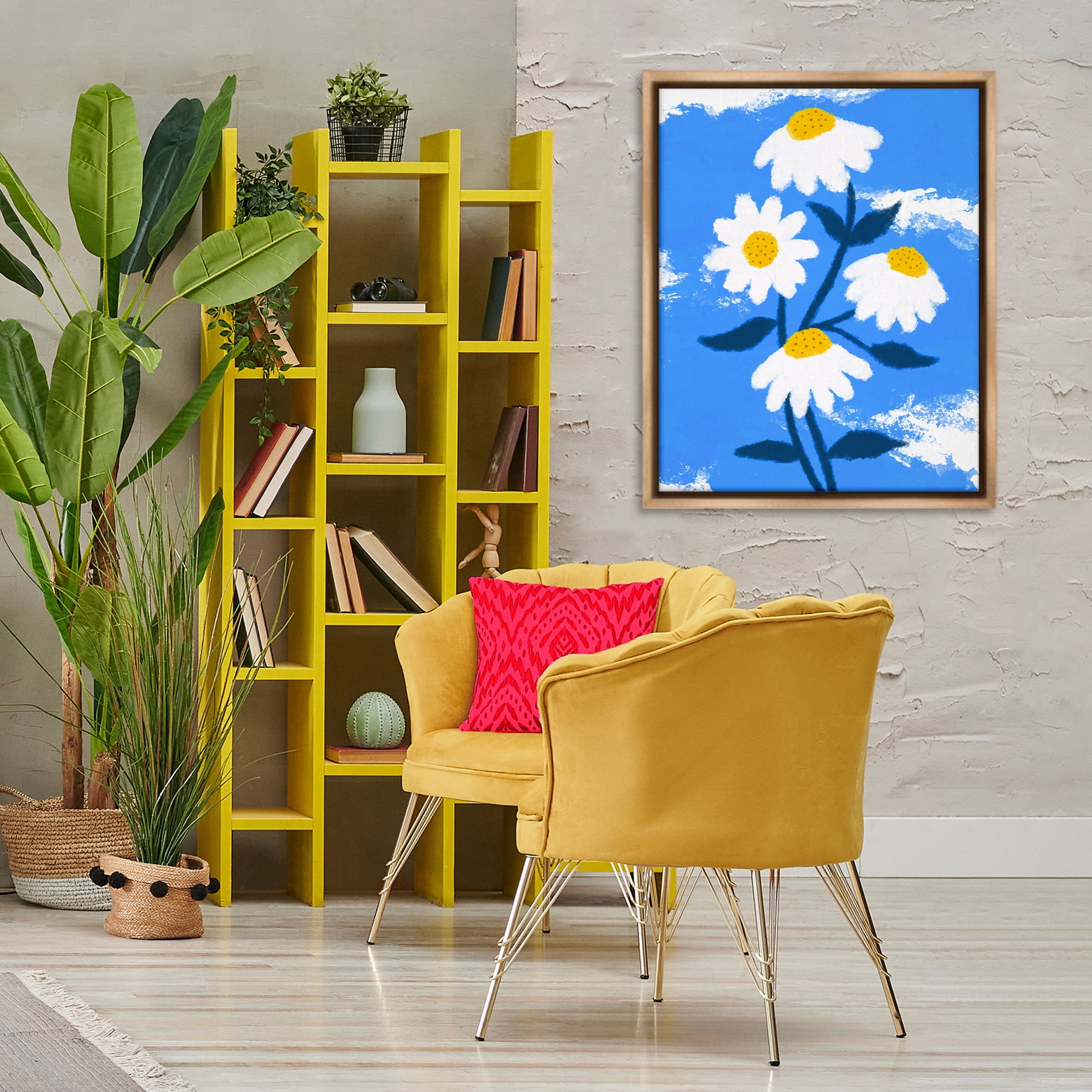 Stupell Industries Daisy Bloom with Clouds Plants & Flowers Painting Brown Floater Framed Canvas Art Print Wall Art, 25 x 31