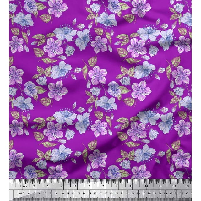 Soimoi polyester Crepe Fabric Leaves & Buttercup Floral Print Fabric by Yard 52 Inch Wide