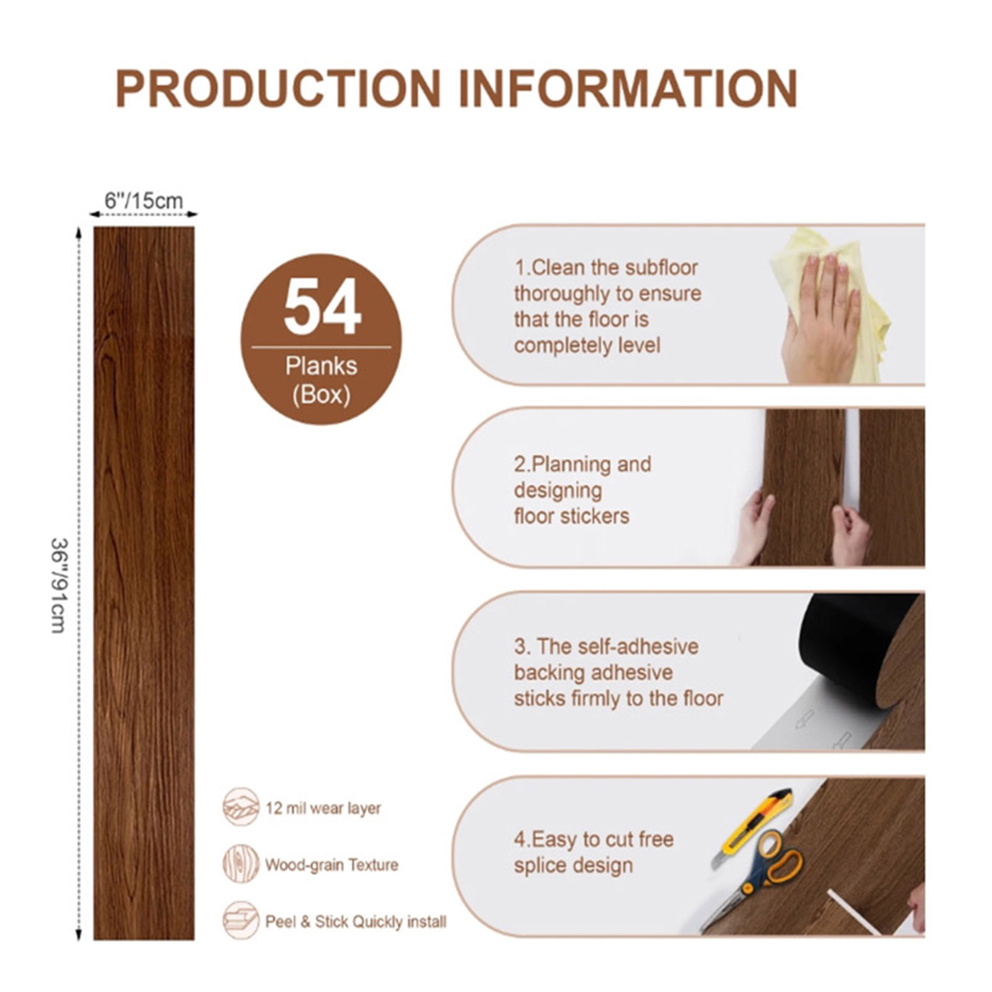 54pcs (cover 81 Sq. Ft), Each pcs 36''*6''. Peel & Stick, Vinyl Plank Flooring, Wood Grain, Self-adhesive and Waterproof Tile Sticker, DIY Stickers- for decorating living rooms, bedrooms, offices
