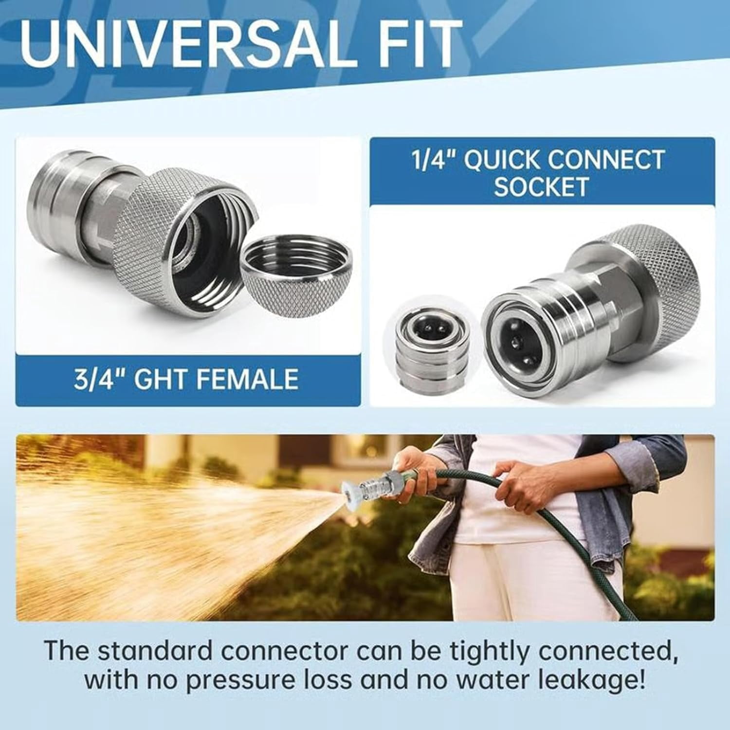 Stainless Steel Garden Hose to Pressure Washer Adapter, 3/4" GHT to 1/4" Quick Connect Fitting, Leak-Proof Water Hose Converter for Car Wash (K)