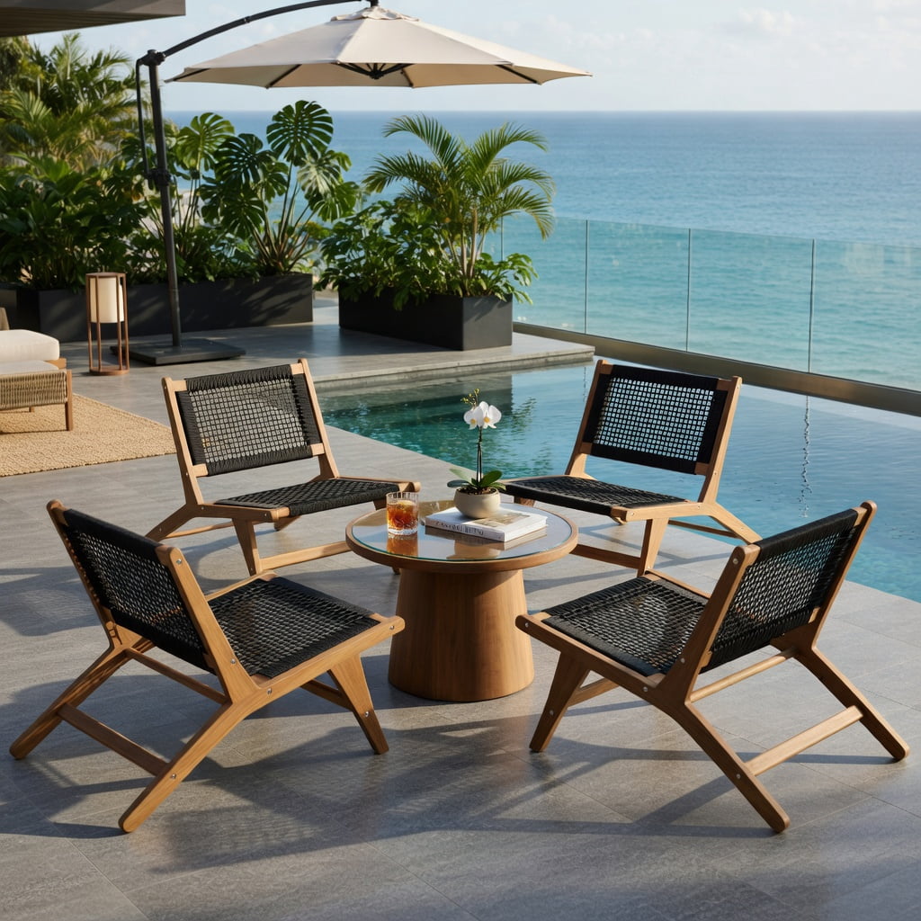 Hommoo Indoor Outdoor Teak Wood Dining Chair with Handwoven Cord Seat & Ergonomic Backrest, Natural + Black