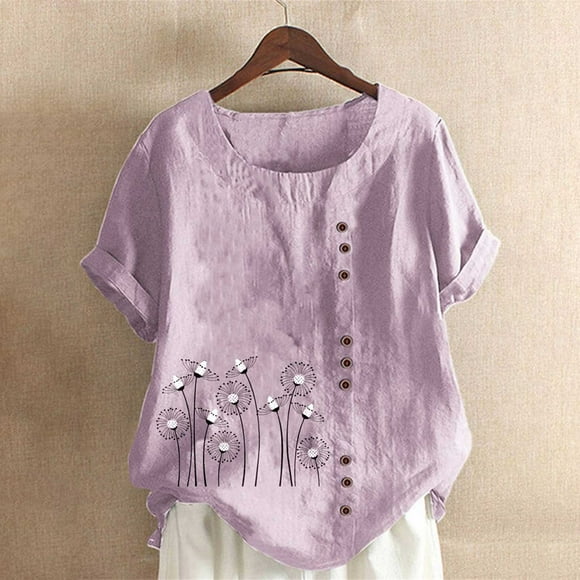 LOVZFMLL Women's Summer Tops Ladies Fashion Solid Color Flower Print Short Sleeve Cotton Linen Shirt Women Casual Loose Top