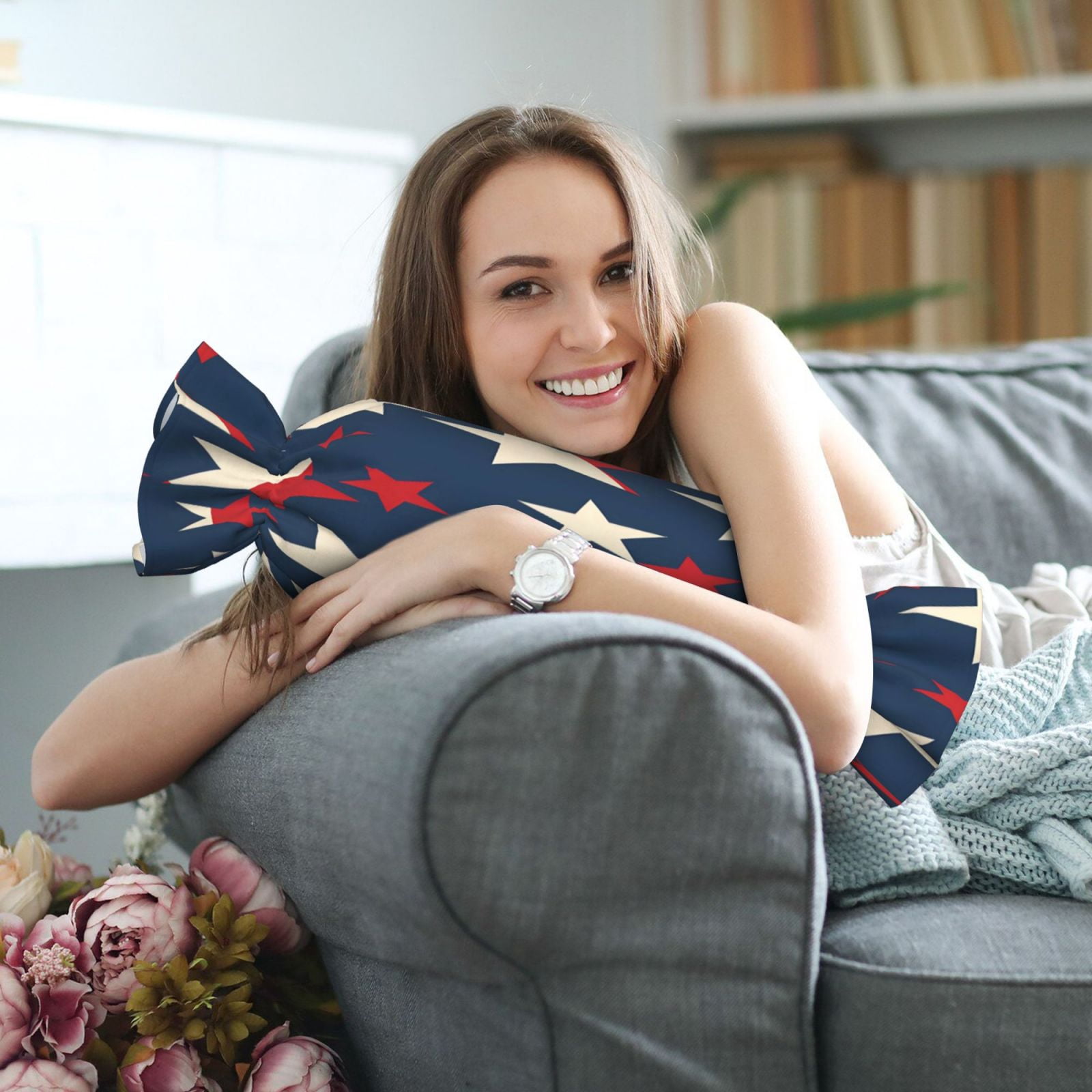 Candy Throw Pillow Travel Cervical Pillow Cylindrical Neck Body Cushion With Insert For Bed Couch Home Decor 9.8x24.4in Independence Day Theme Star (1)