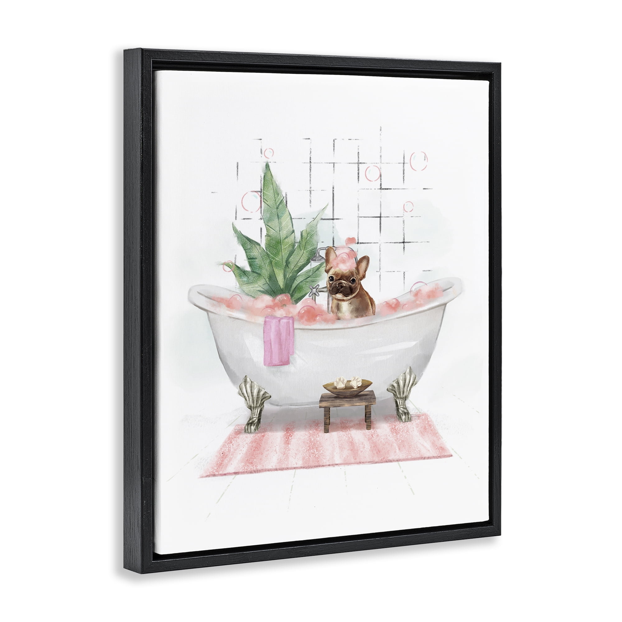 Stupell Industries Glam Pug in Tub Bath & Laundry Painting Black Floater Framed Canvas Art Print Wall Art, 25 x 31